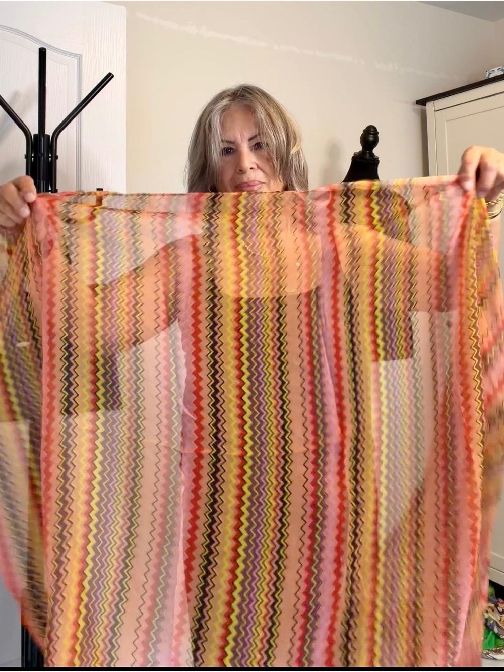 Sheer Multicolor Zigzag Wrap Scarf - Pink, Orange & Yellow